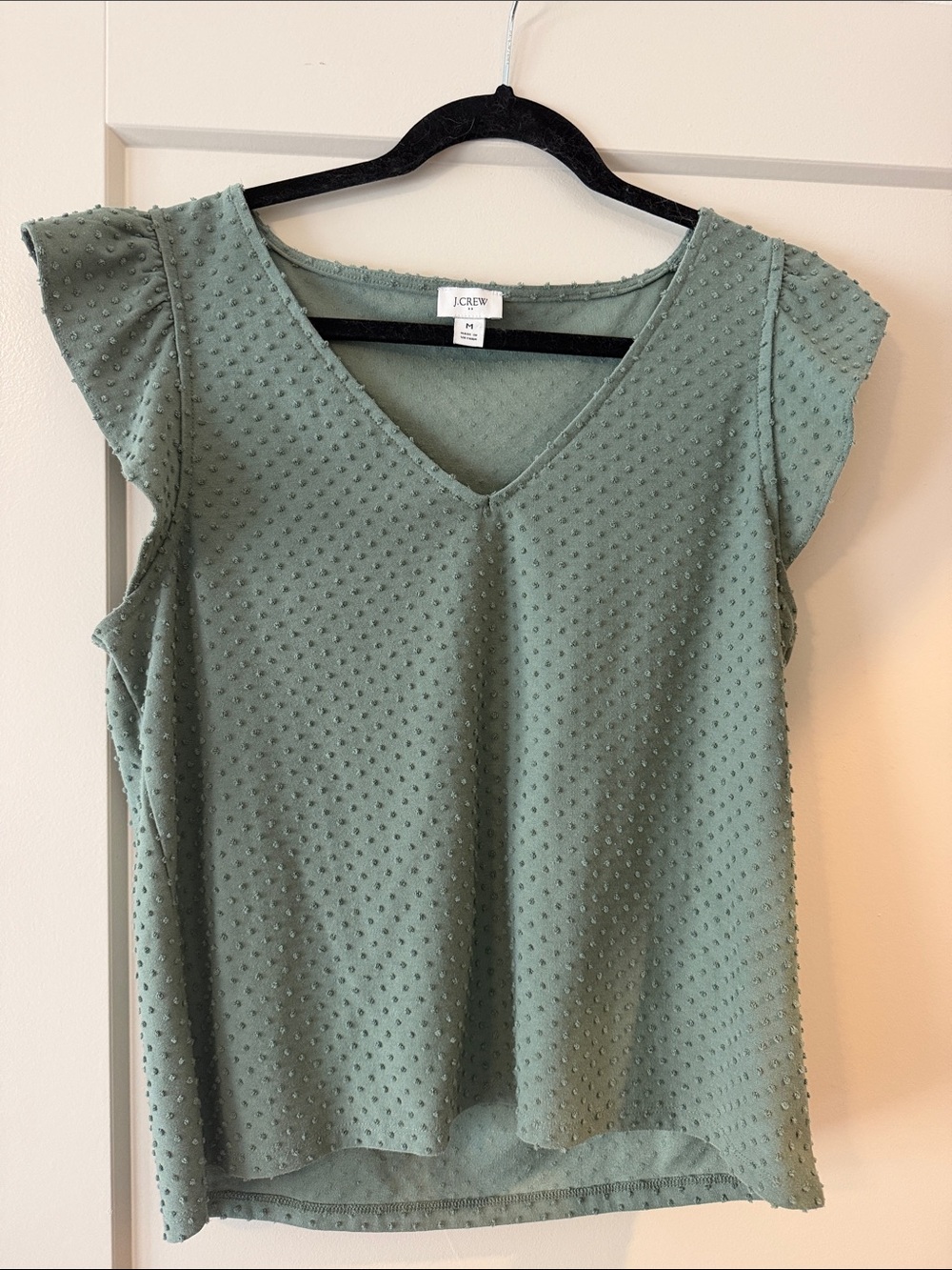J. Crew Sage Green Swiss Dot V-Neck Cap Sleeve blouse